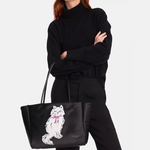 Kate Spade Whiskers Crystal Embellished White Cat Large Expandable Tote Bag